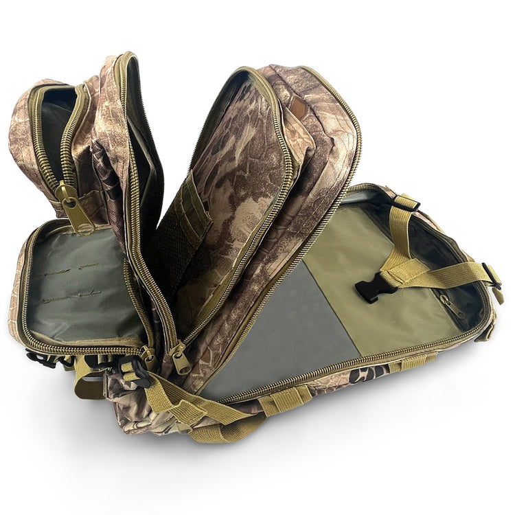 Interior view of the tactical backpack showing organized storage pockets and wide-opening zippers for easy access to medical or survival gear.