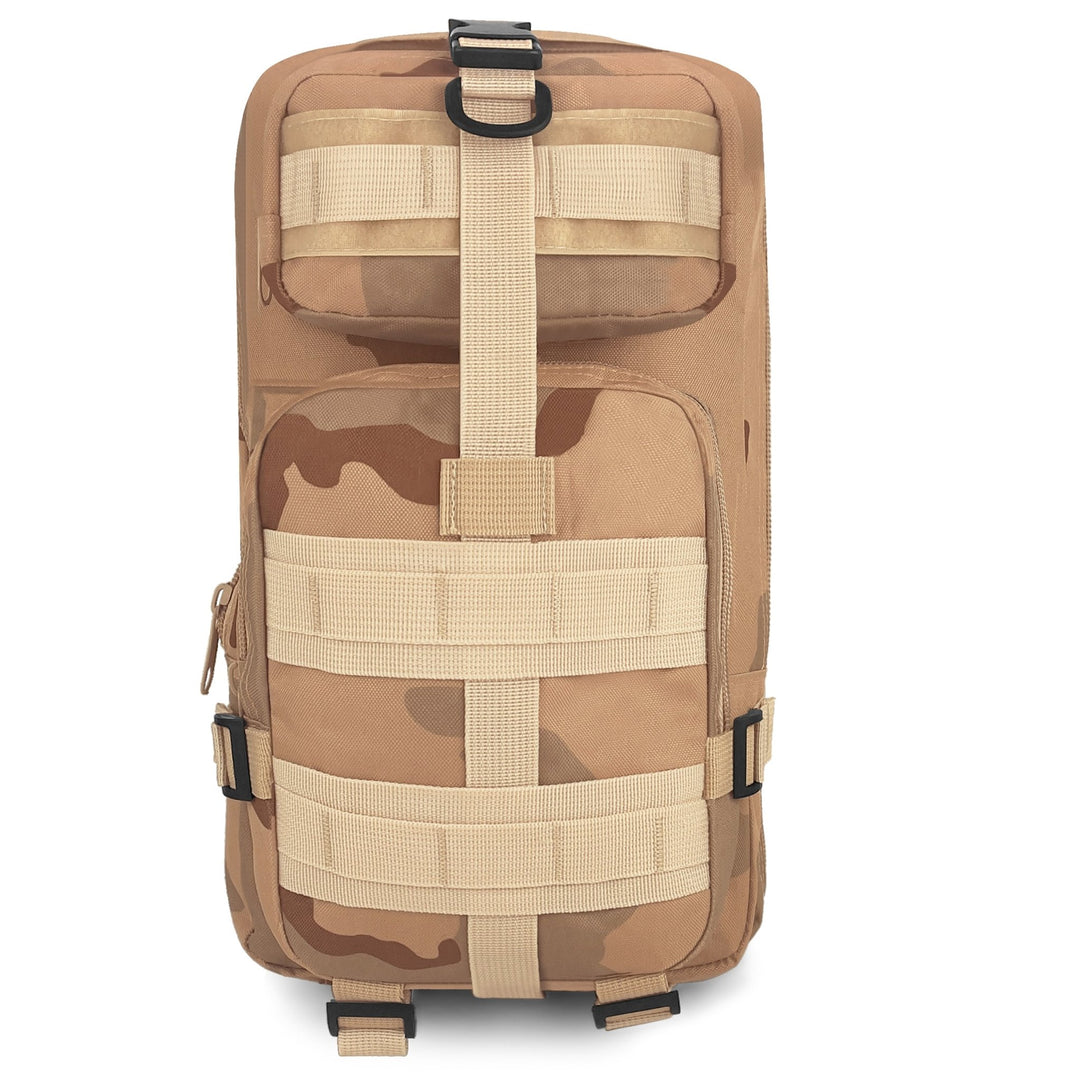 Front view of a heavy-duty tan camo tactical backpack featuring MOLLE webbing and a secure top buckle for gear attachment.