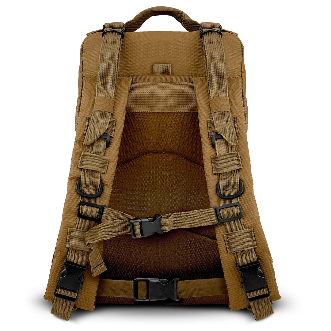 Detailed view of the backpack's rear, featuring padded shoulder straps, a chest buckle, and a waist belt for maximum carrying comfort.