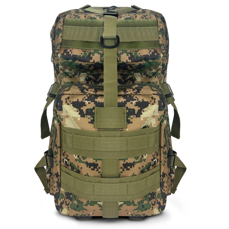 Front view of a heavy-duty green multicam tactical backpack featuring MOLLE webbing and a secure top buckle for gear attachment.