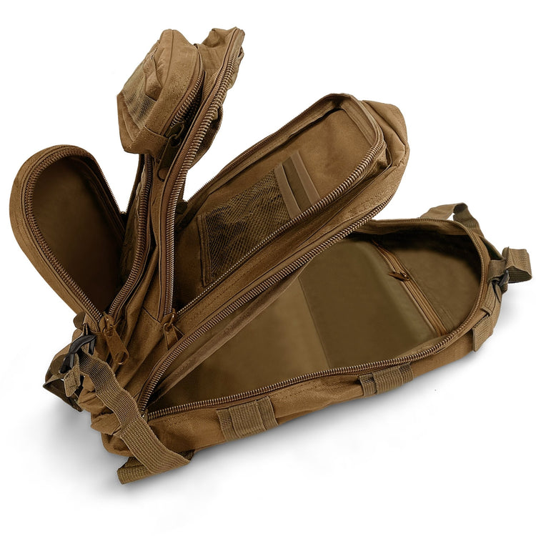 Interior view of the tactical backpack showing organized storage pockets and wide-opening zippers for easy access to medical or survival gear.