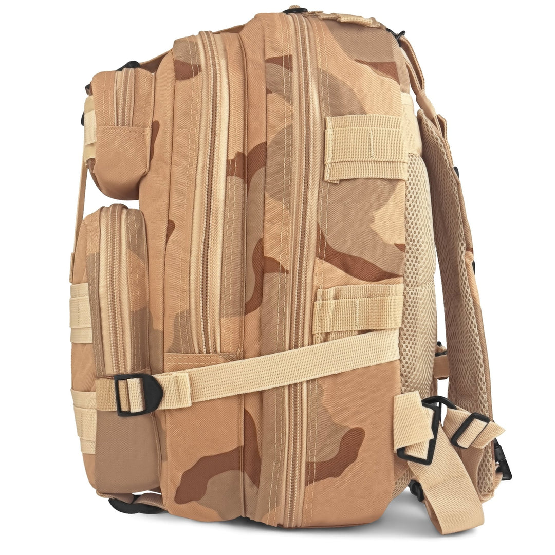 Side profile of the combat backpack highlighting its multiple zippered compartments and the compression strap system for space management.