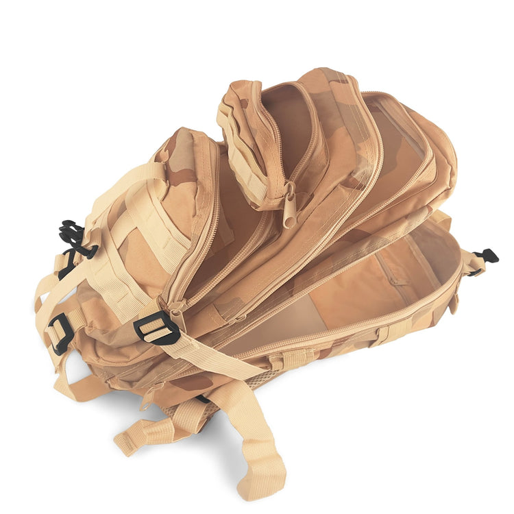 Interior view of the tactical backpack showing organized storage pockets and wide-opening zippers for easy access to medical or survival gear.