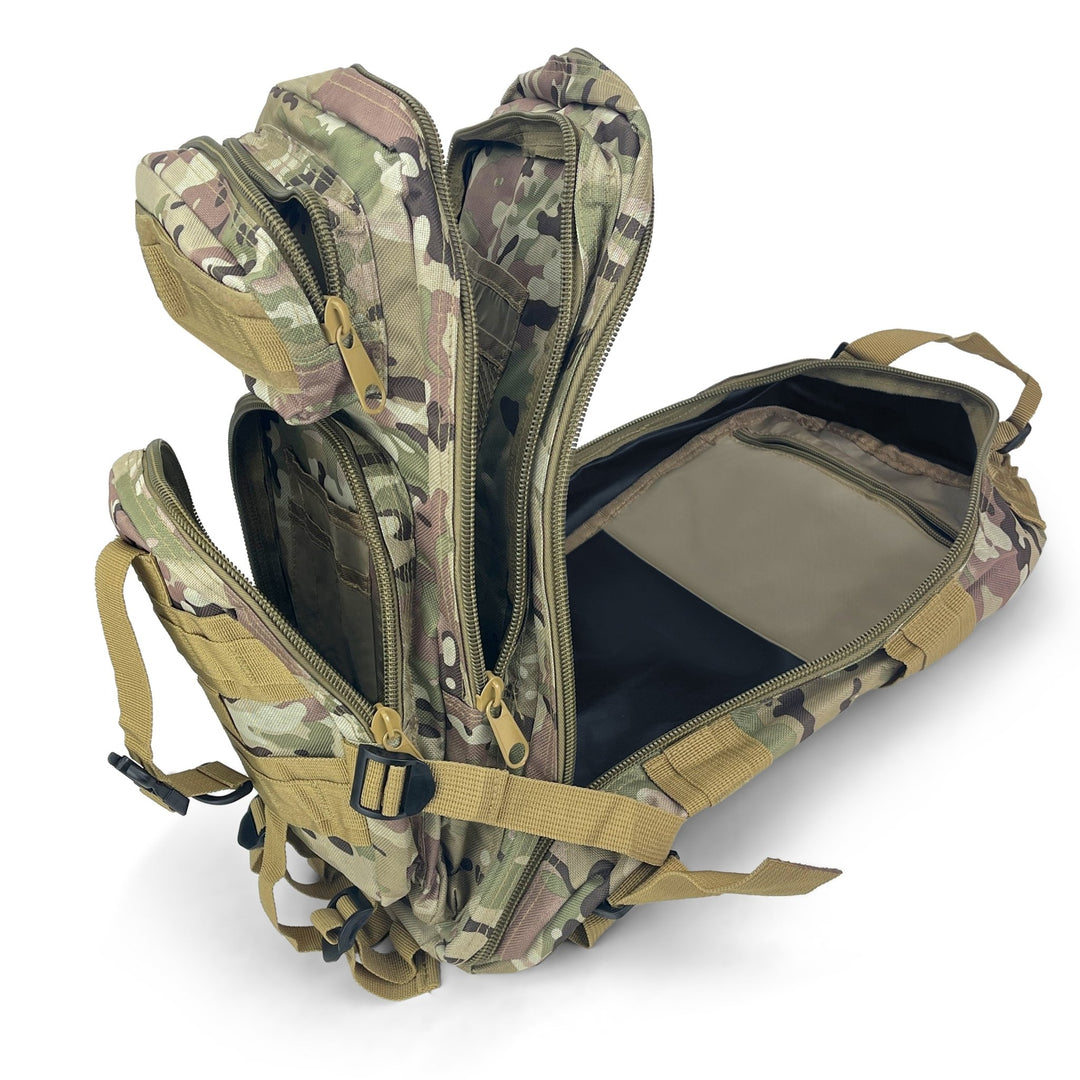 Interior view of the tactical backpack showing organized storage pockets and wide-opening zippers for easy access to medical or survival gear.