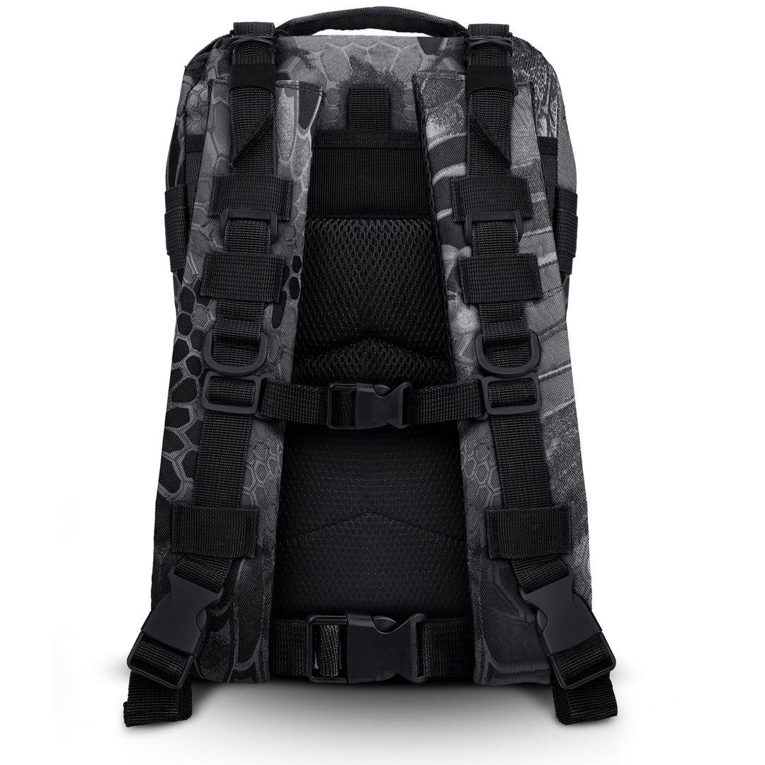 Detailed view of the backpack's rear, featuring padded shoulder straps, a chest buckle, and a waist belt for maximum carrying comfort.