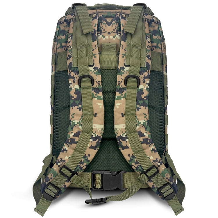 Detailed view of the backpack's rear, featuring padded shoulder straps, a chest buckle, and a waist belt for maximum carrying comfort.