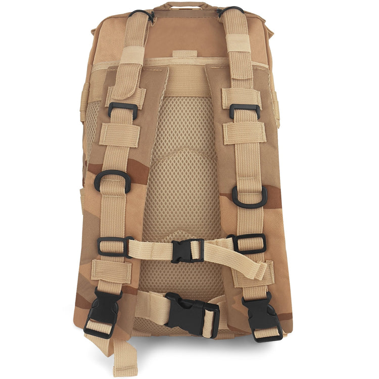 Detailed view of the backpack's rear, featuring padded shoulder straps, a chest buckle, and a waist belt for maximum carrying comfort.