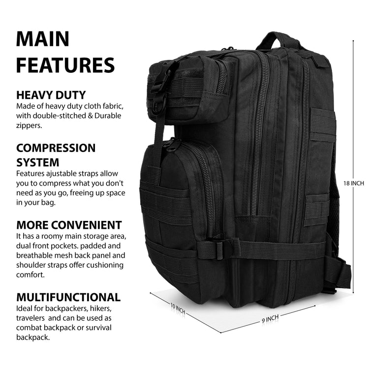 Main features of the tactical bag: 18-inch height, compression system with adjustable straps, heavy-duty cloth fabric, and breathable mesh back panel.