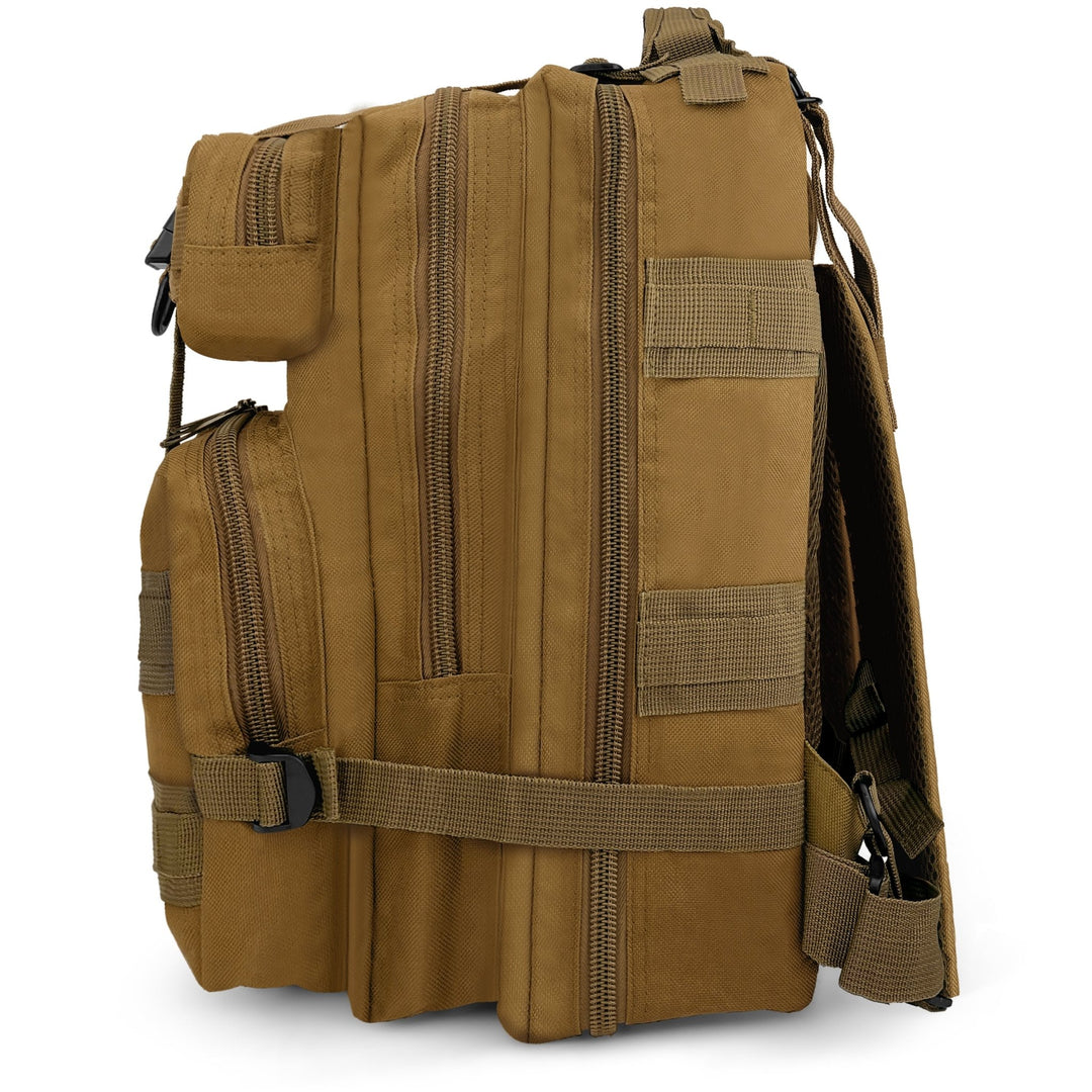Side profile of the combat backpack highlighting its multiple zippered compartments and the compression strap system for space management.