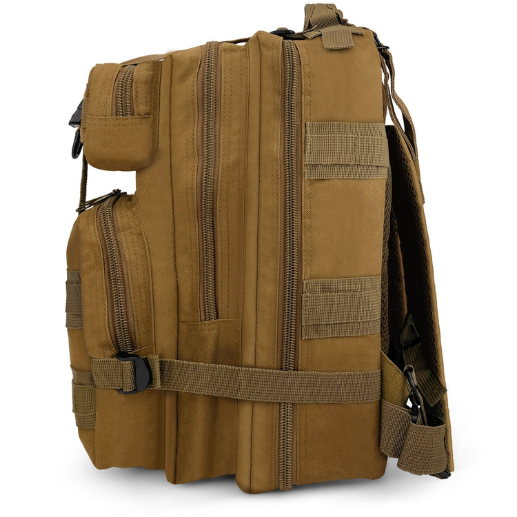 Side profile of the combat backpack highlighting its multiple zippered compartments and the compression strap system for space management.
