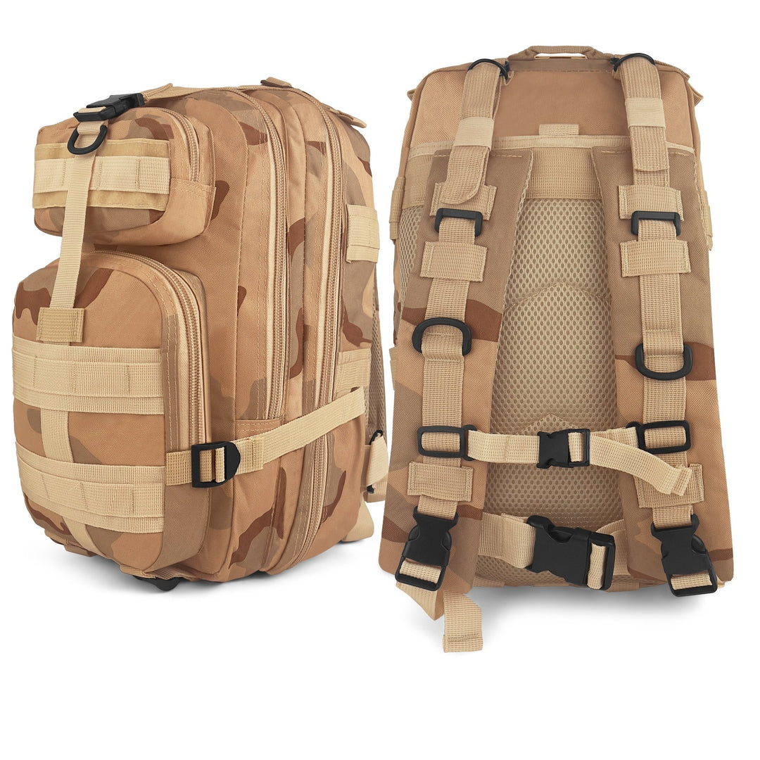 Composite view showing the front profile and the ergonomic back panel of the tan camo survival backpack.