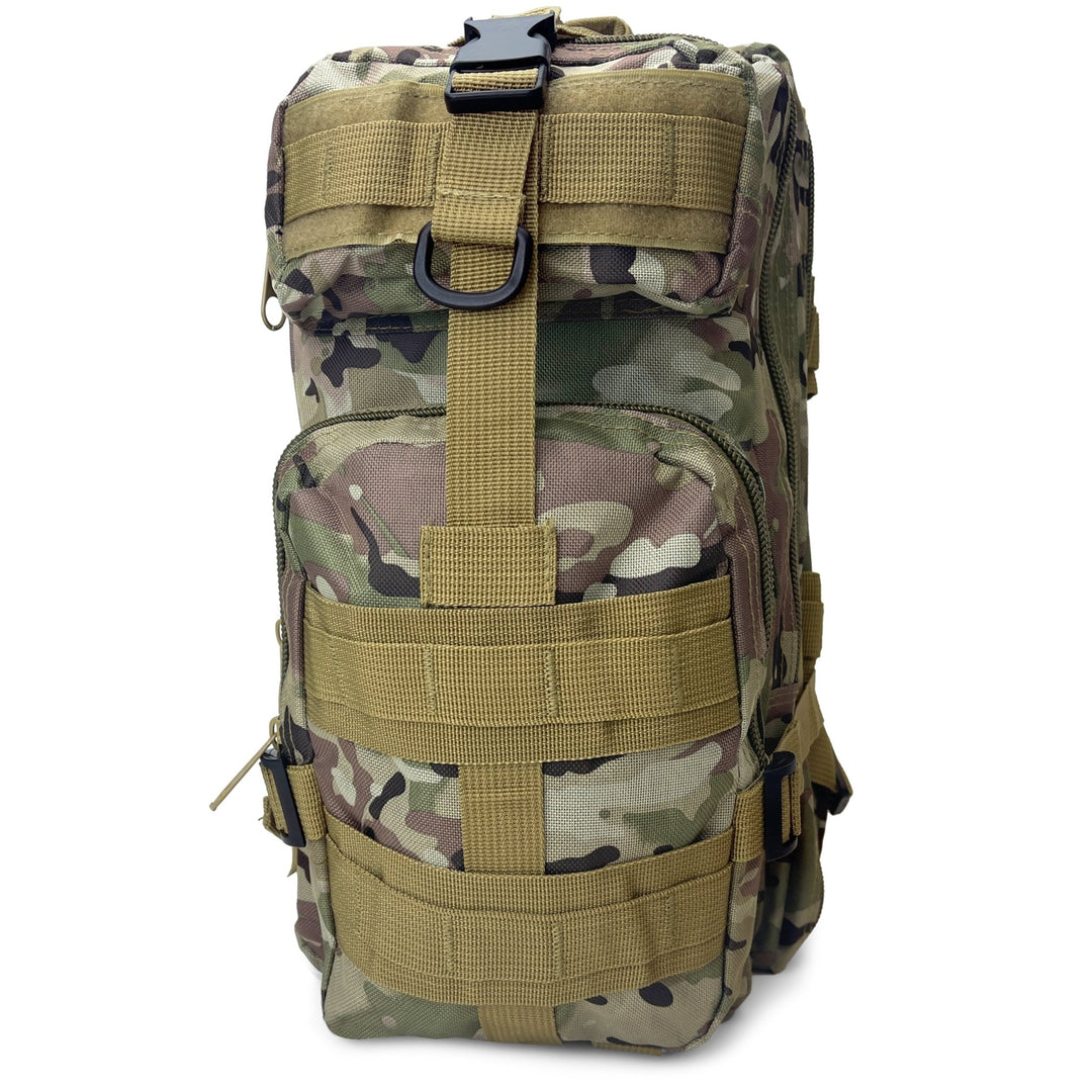 Front view of a heavy-duty brown camo tactical backpack featuring MOLLE webbing and a secure top buckle for gear attachment.