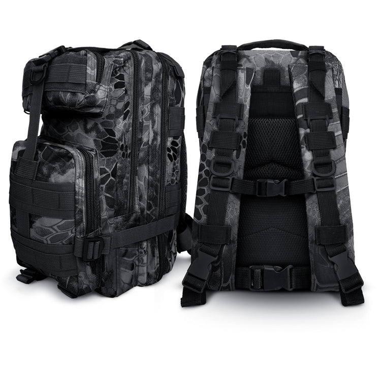 Composite view showing the front profile and the ergonomic back panel of the gray snake survival backpack.