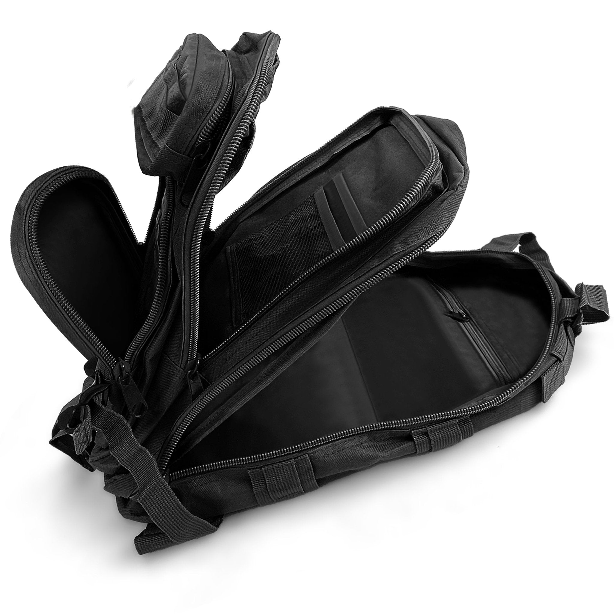 Interior view of the tactical backpack showing organized storage pockets and wide-opening zippers for easy access to medical or survival gear.