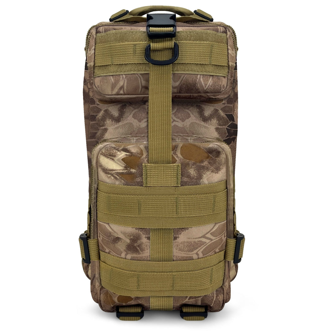 Front view of a heavy-duty camouflage tactical backpack featuring MOLLE webbing and a secure top buckle for gear attachment.