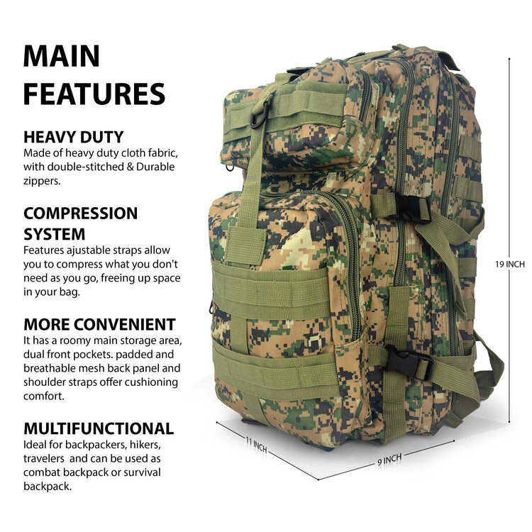 Main features of the tactical bag: 18-inch height, compression system with adjustable straps, heavy-duty cloth fabric, and breathable mesh back panel.