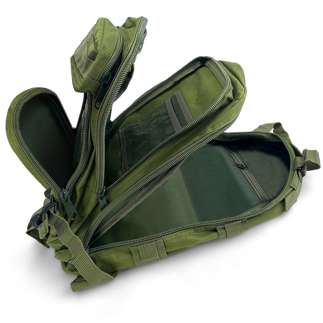 Interior view of the tactical backpack showing organized storage pockets and wide-opening zippers for easy access to medical or survival gear.