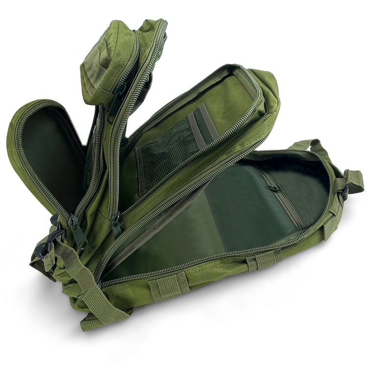 Interior view of the tactical backpack showing organized storage pockets and wide-opening zippers for easy access to medical or survival gear.