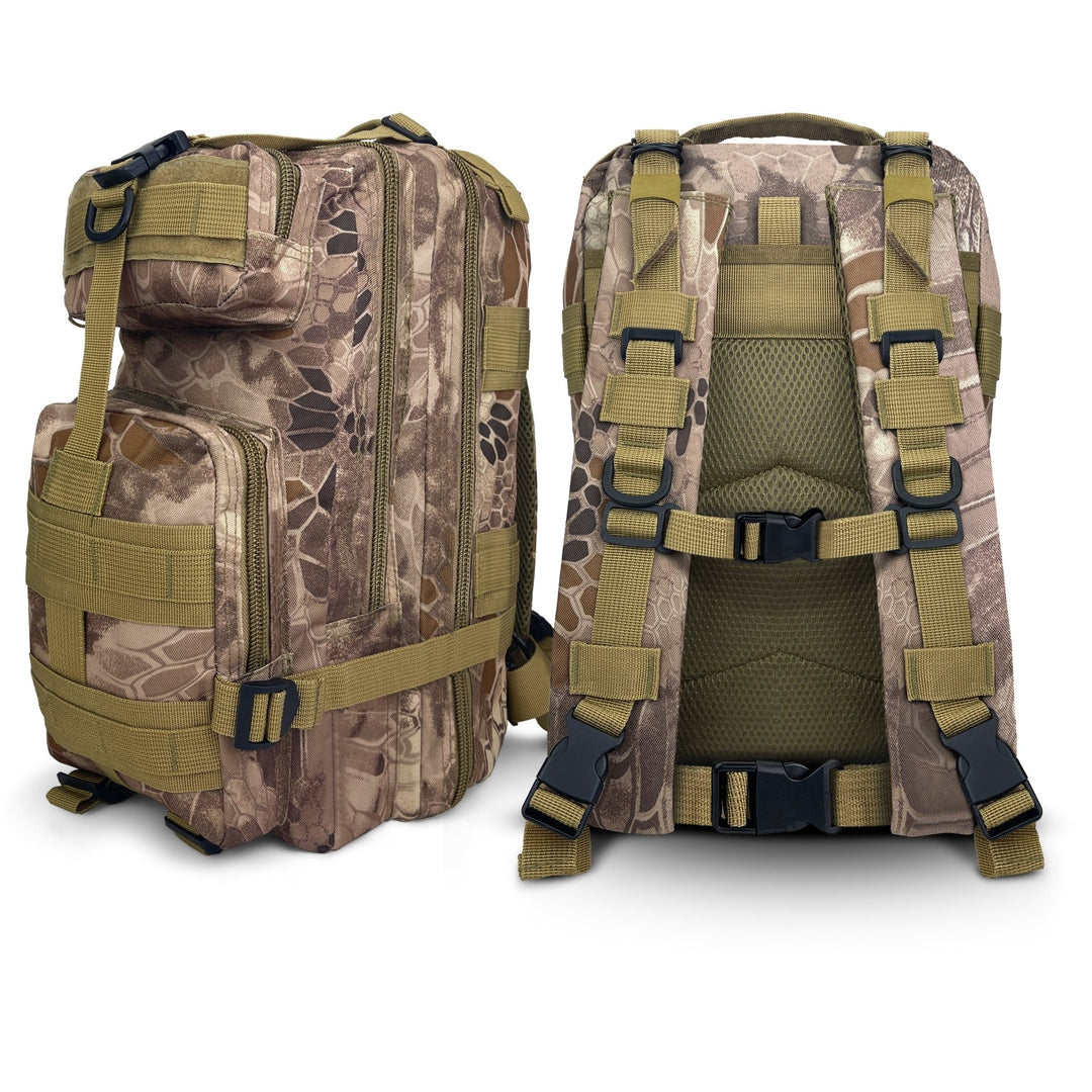 Composite view showing the front profile and the ergonomic back panel of the camouflage survival backpack.