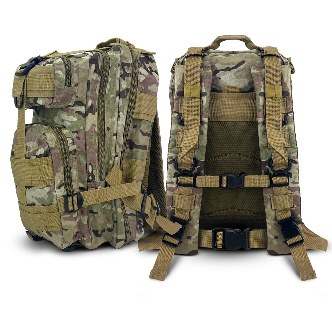 Composite view showing the front profile and the ergonomic back panel of the brown camo survival backpack.