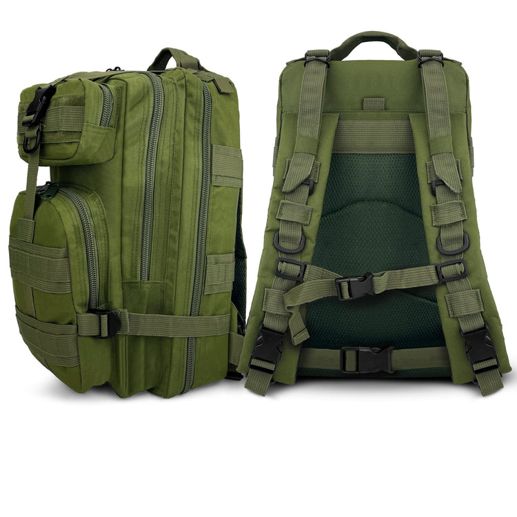 Composite view showing the front profile and the ergonomic back panel of the army green survival backpack.