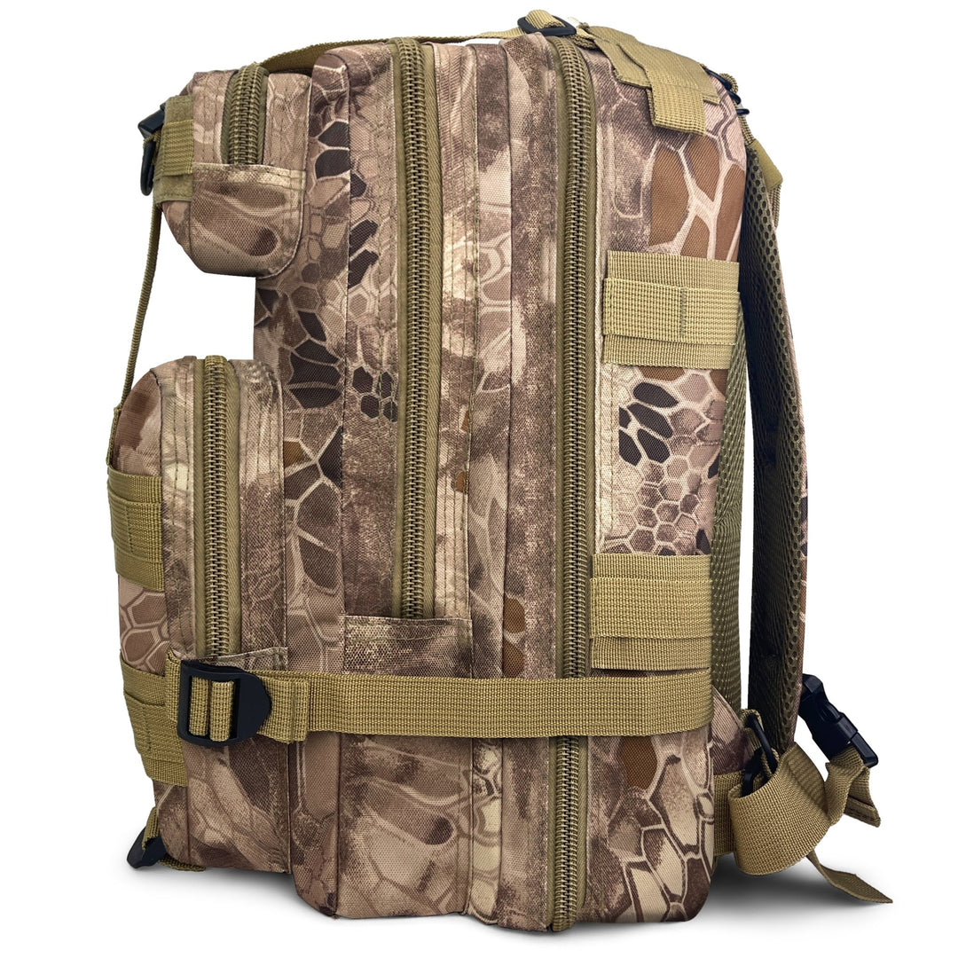 Side profile of the combat backpack highlighting its multiple zippered compartments and the compression strap system for space management.