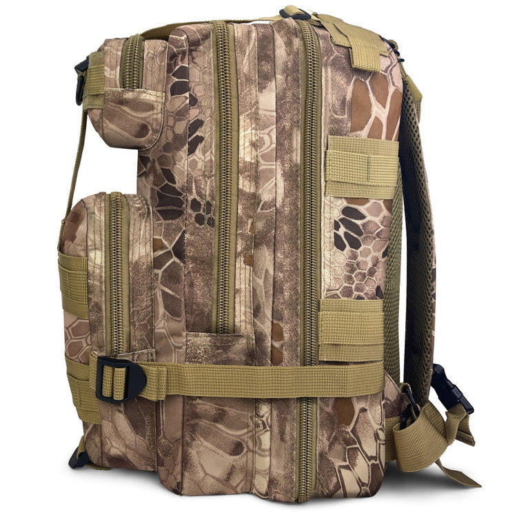 Side profile of the combat backpack highlighting its multiple zippered compartments and the compression strap system for space management.