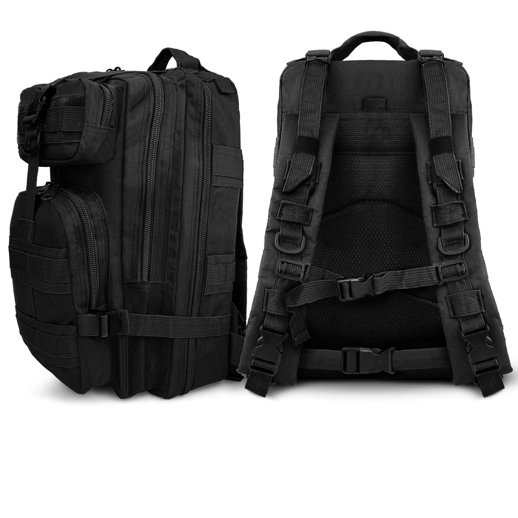 Composite view showing the front profile and the ergonomic back panel of the black survival backpack.