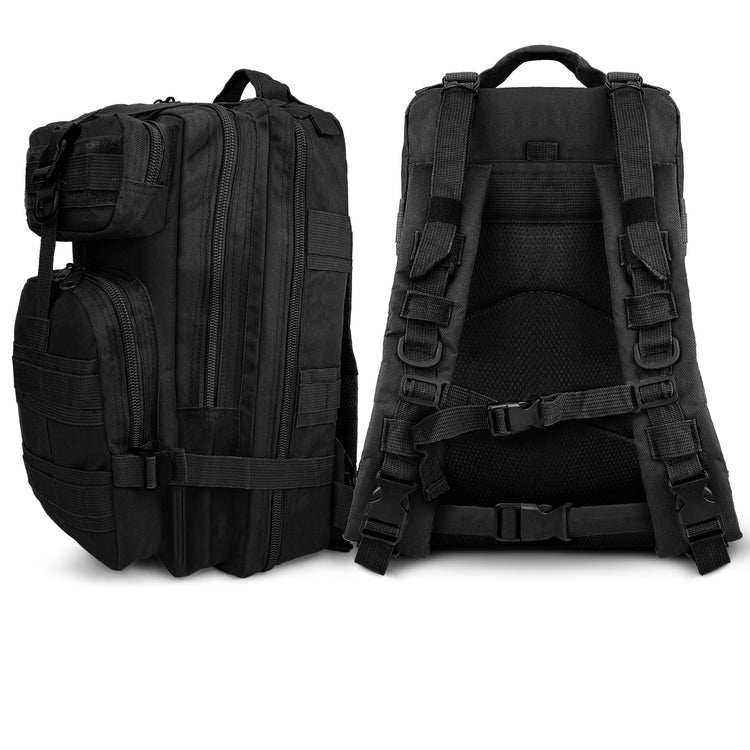 Composite view showing the front profile and the ergonomic back panel of the black survival backpack.