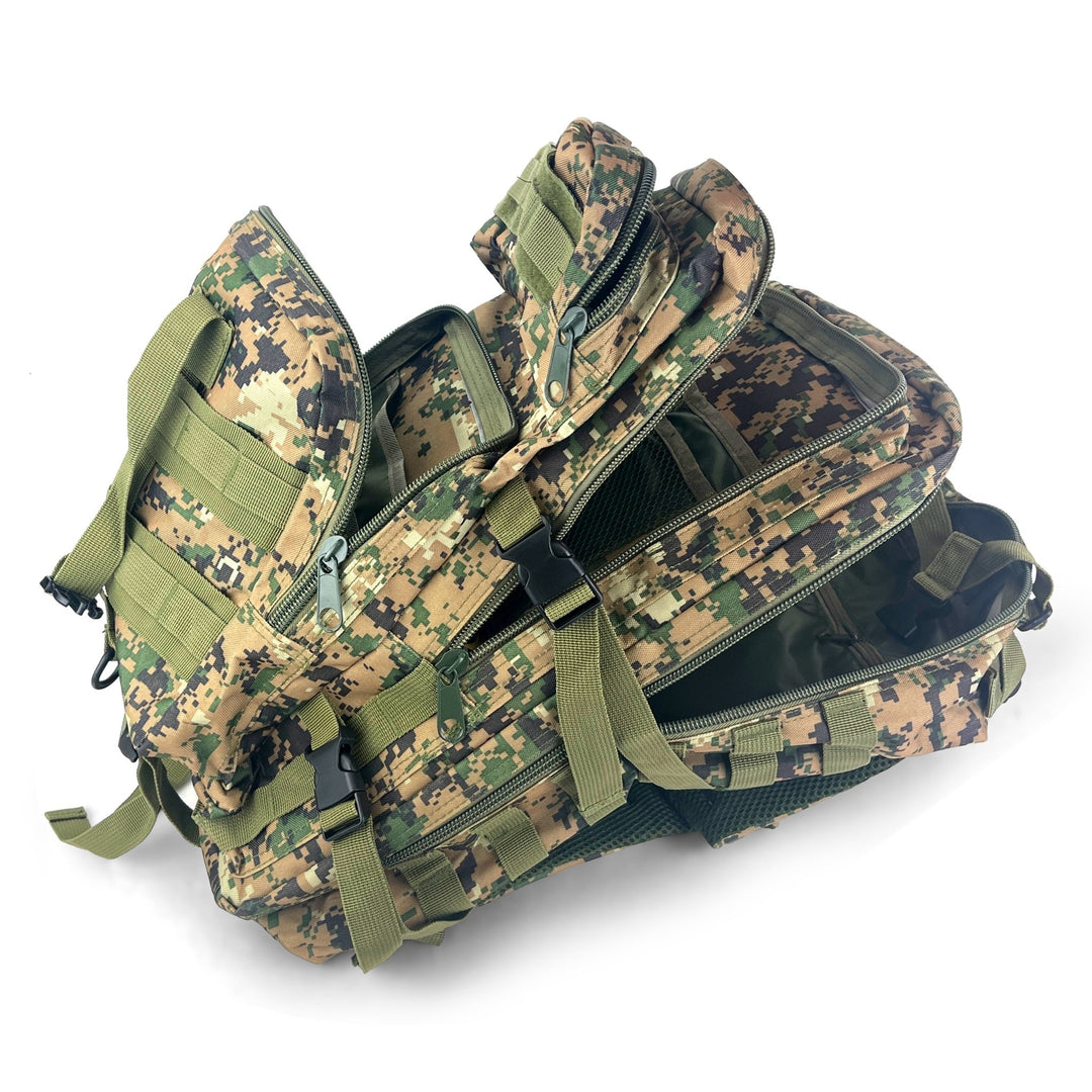 Interior view of the tactical backpack showing organized storage pockets and wide-opening zippers for easy access to medical or survival gear.