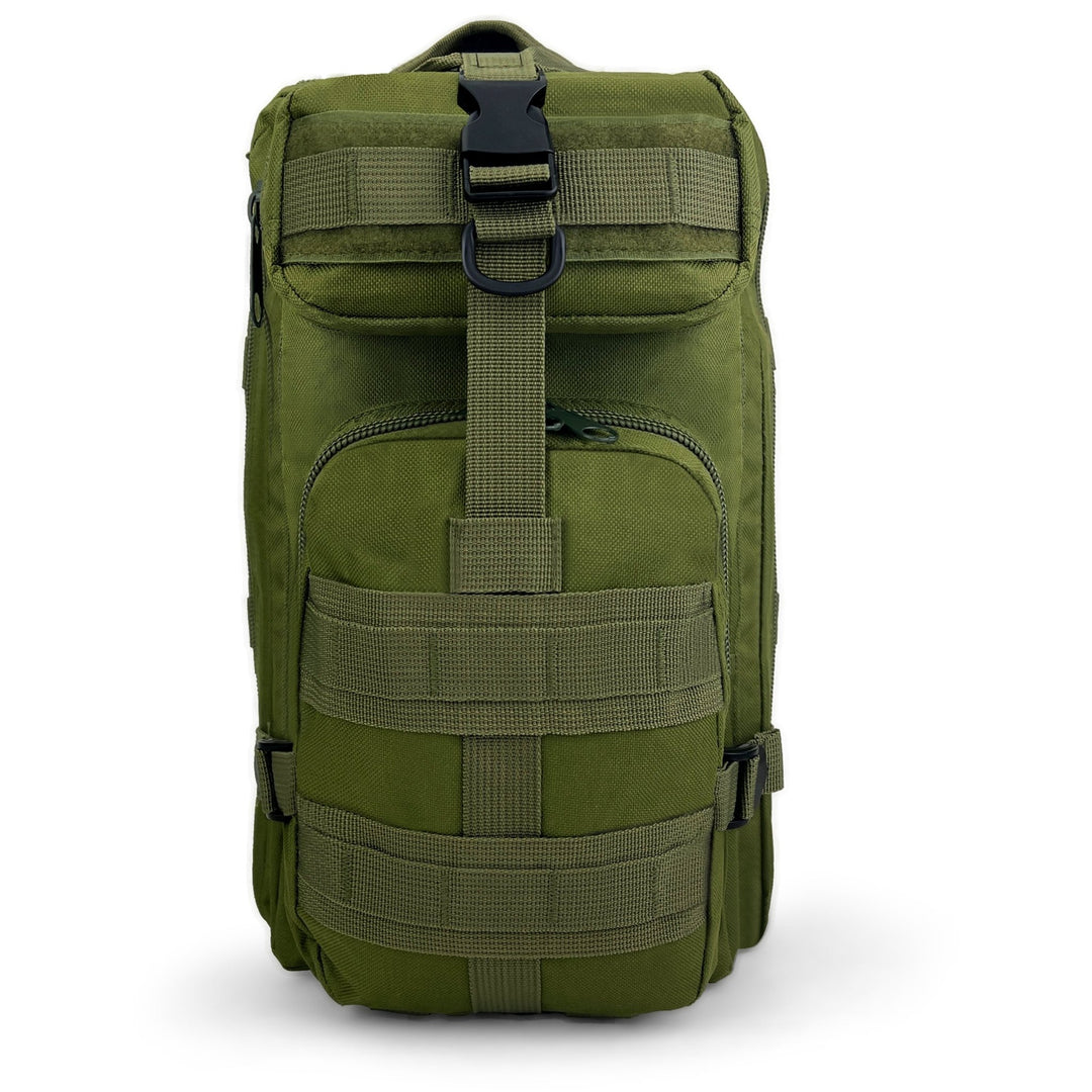 Front view of a heavy-duty army green tactical backpack featuring MOLLE webbing and a secure top buckle for gear attachment.