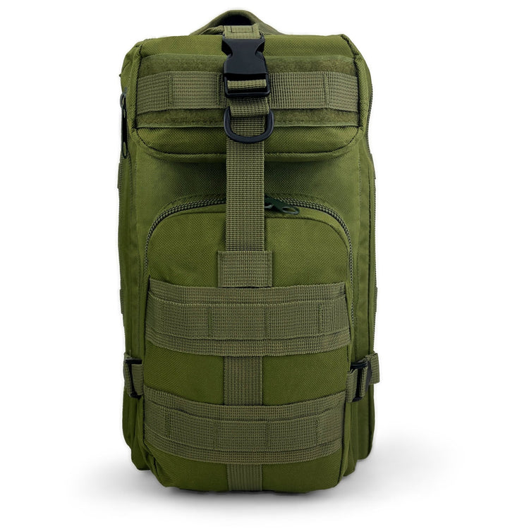 Front view of a heavy-duty army green tactical backpack featuring MOLLE webbing and a secure top buckle for gear attachment.