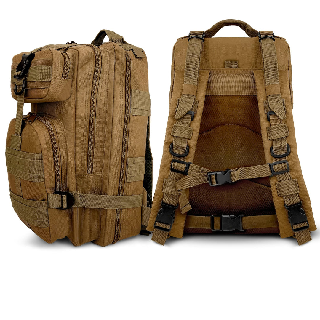Composite view showing the front profile and the ergonomic back panel of the brown survival backpack.