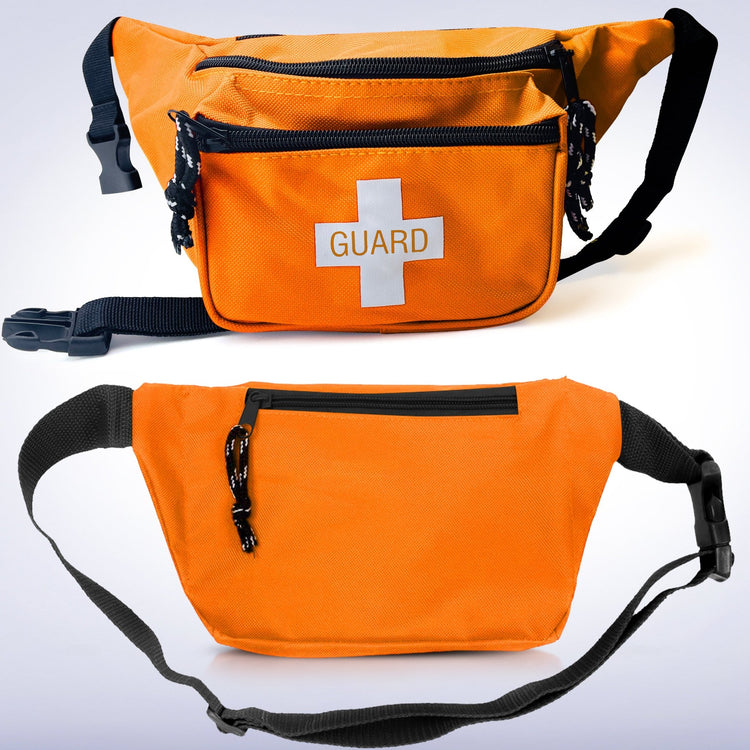A composite image showing both the front and back of the orange lifeguard waist pack, highlighting the "GUARD" logo on the front and a secure zippered pocket on the rear panel.