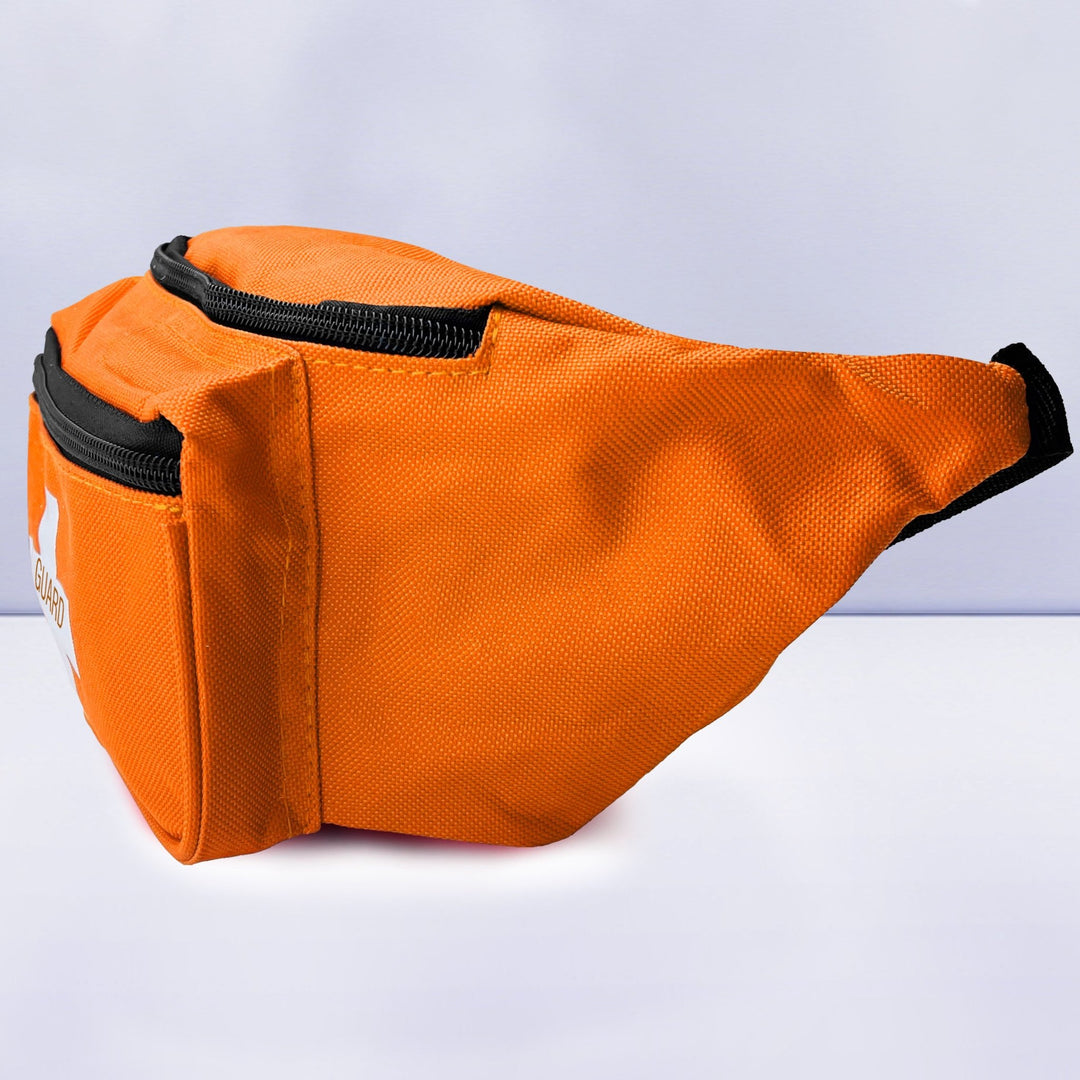 A side profile view of the orange waist bag, displaying the depth of the main compartment and the front pocket, along with the durable woven texture of the fabric.