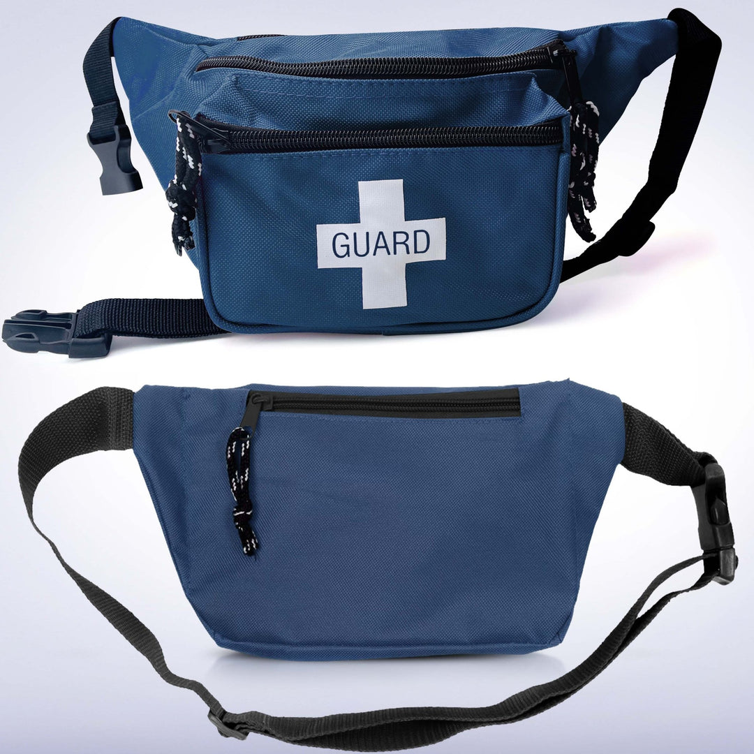 A composite image showing both the front and back of the blue lifeguard waist pack, highlighting the "GUARD" logo on the front and a secure zippered pocket on the rear panel.