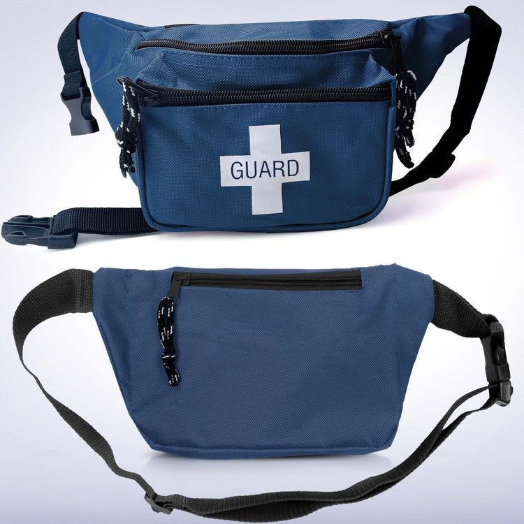 A composite image showing both the front and back of the blue lifeguard waist pack, highlighting the "GUARD" logo on the front and a secure zippered pocket on the rear panel.