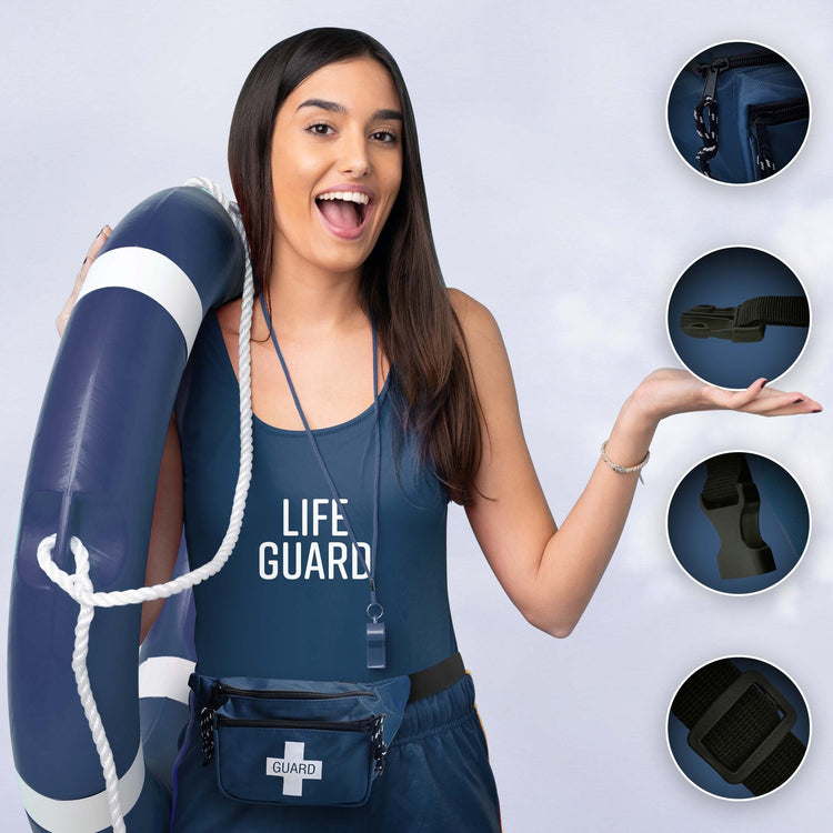 A female lifeguard posing with a rescue tube and the blue fanny pack, accompanied by three circular close-ups detailing the zipper pulls, the quick-release buckle, and the strap adjuster.