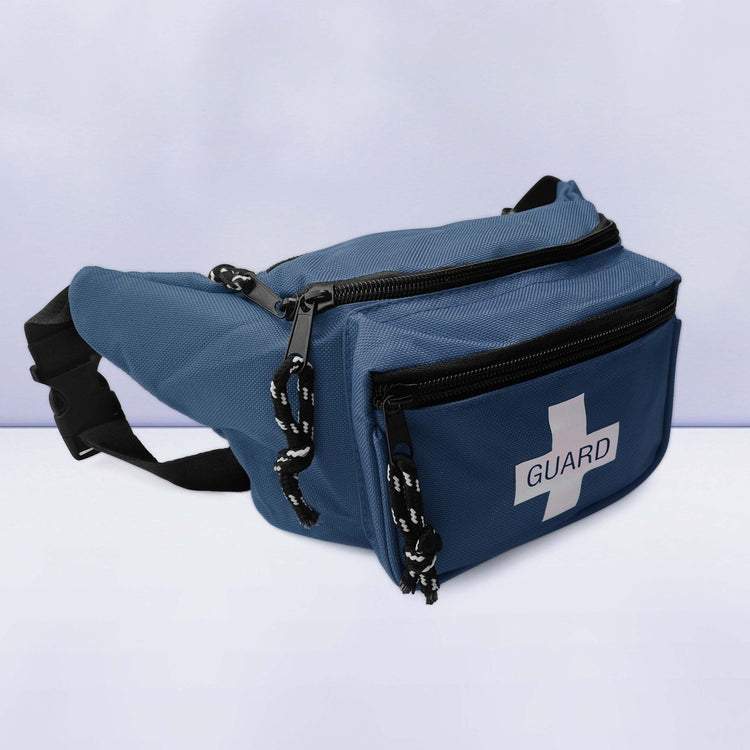 An angled perspective of the blue guard fanny pack, focusing on the sturdy black plastic buckle clip and the two-tone black and white zipper pull cords.