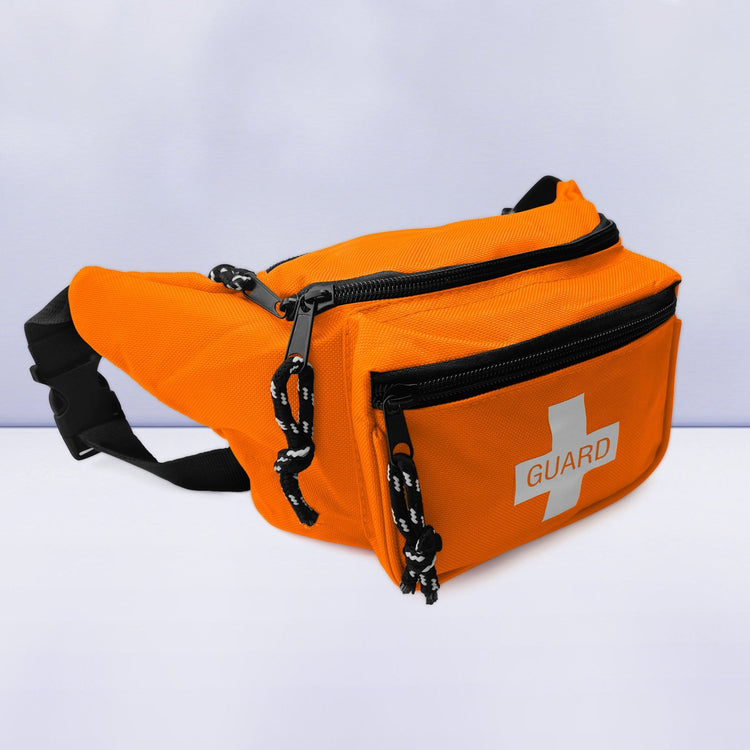An angled perspective of the orange guard fanny pack, focusing on the sturdy black plastic buckle clip and the two-tone black and white zipper pull cords.