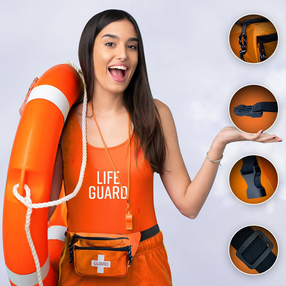 A female lifeguard posing with a rescue tube and the orange fanny pack, accompanied by three circular close-ups detailing the zipper pulls, the quick-release buckle, and the strap adjuster.