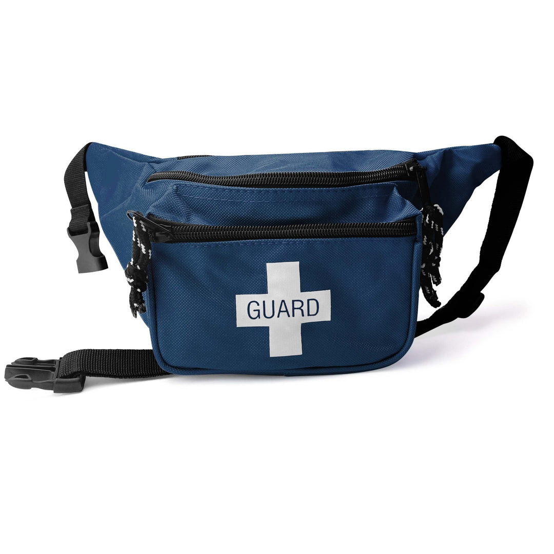 A front view of a bright blue lifeguard fanny pack featuring a white cross logo with "GUARD" text, black zippers with easy-grip pulls, and a black adjustable waist strap.