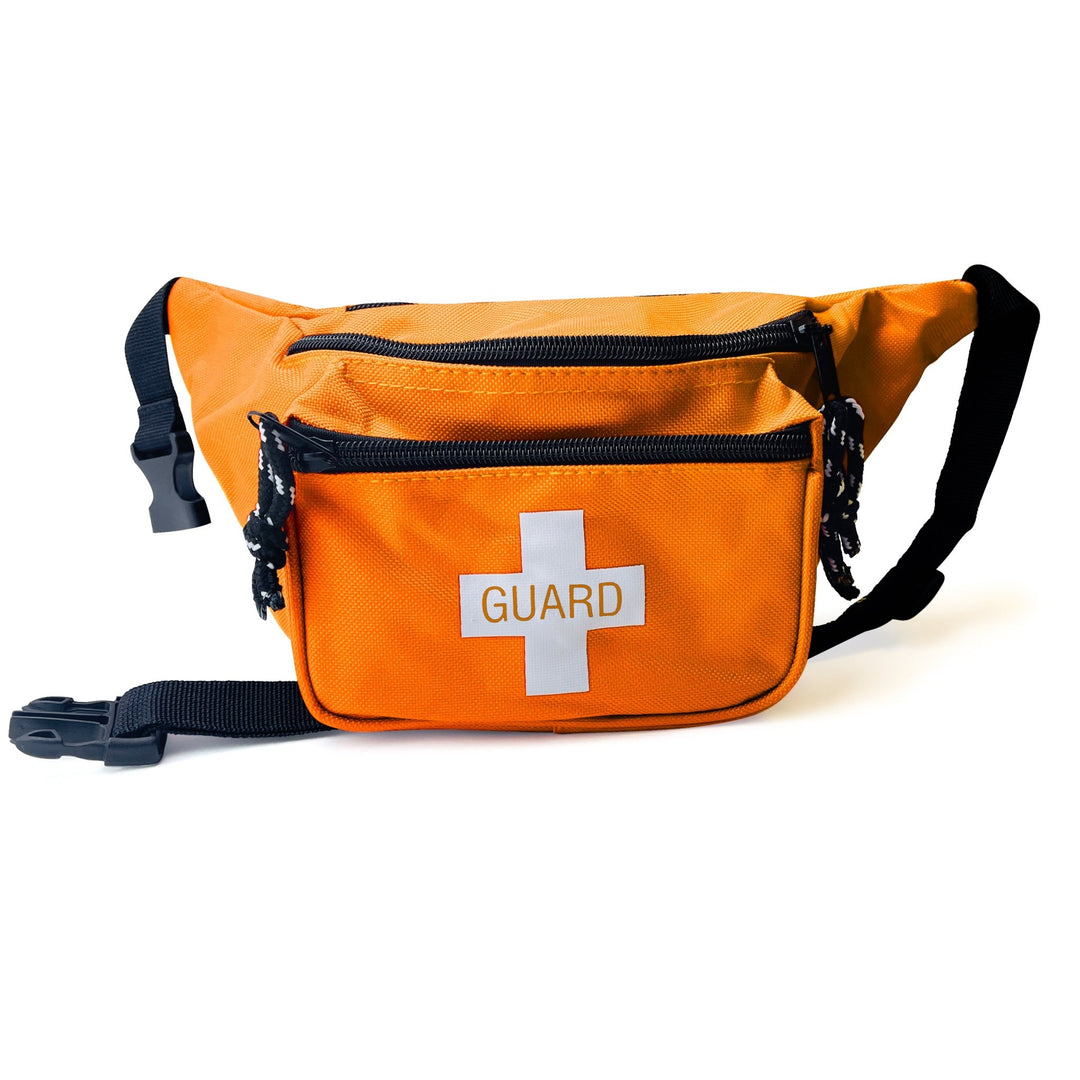 A front view of a bright orange lifeguard fanny pack featuring a white cross logo with "GUARD" text, black zippers with easy-grip pulls, and a black adjustable waist strap.