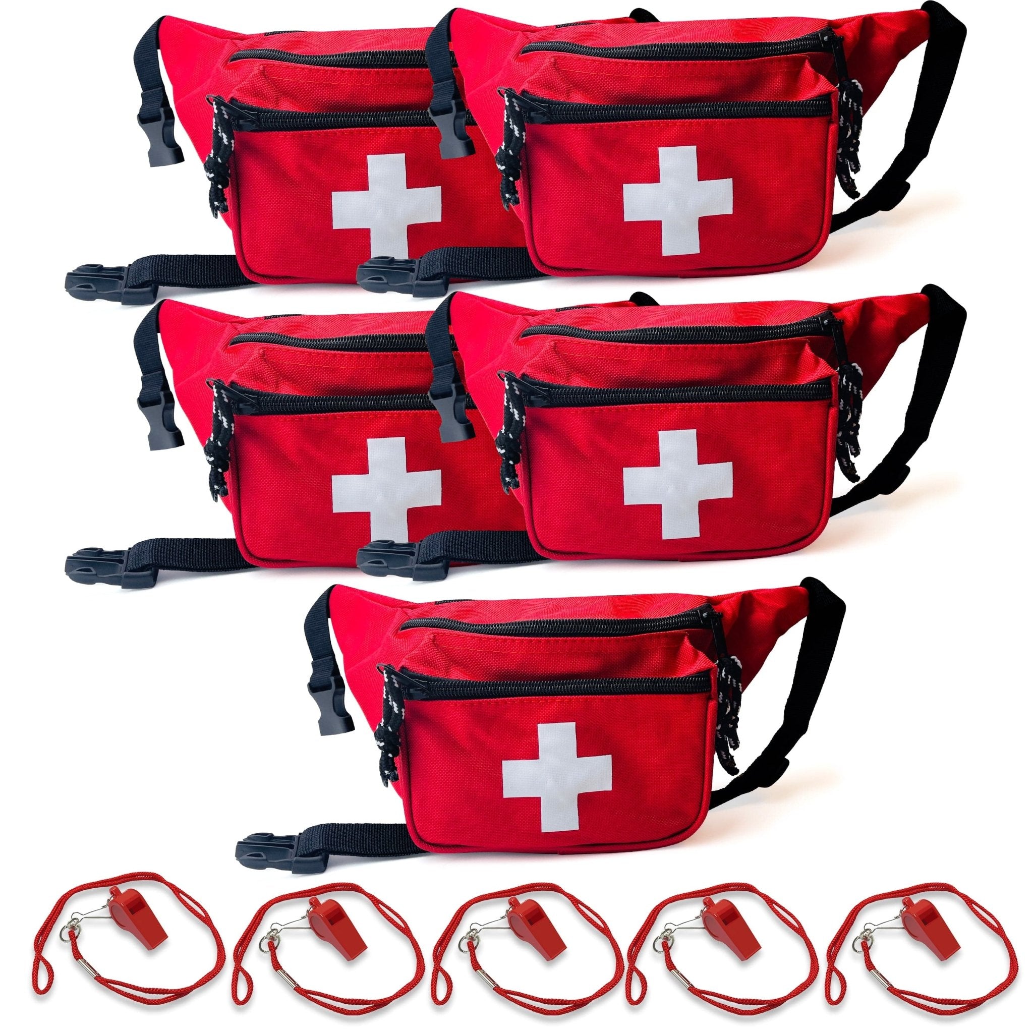 A product display showing a set of five bright red lifeguard fanny packs, each featuring a white cross medical logo, zippered compartments, and a black adjustable waist strap, paired with five matching red whistles on lanyards.