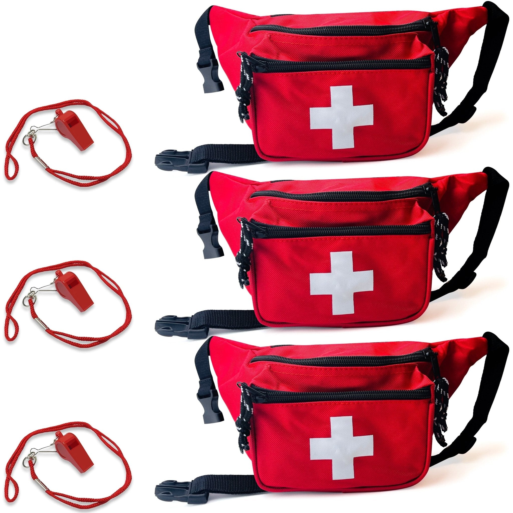A product display showing a set of three bright red lifeguard fanny packs, each featuring a white cross medical logo, zippered compartments, and a black adjustable waist strap, paired with three matching red whistles on lanyards.