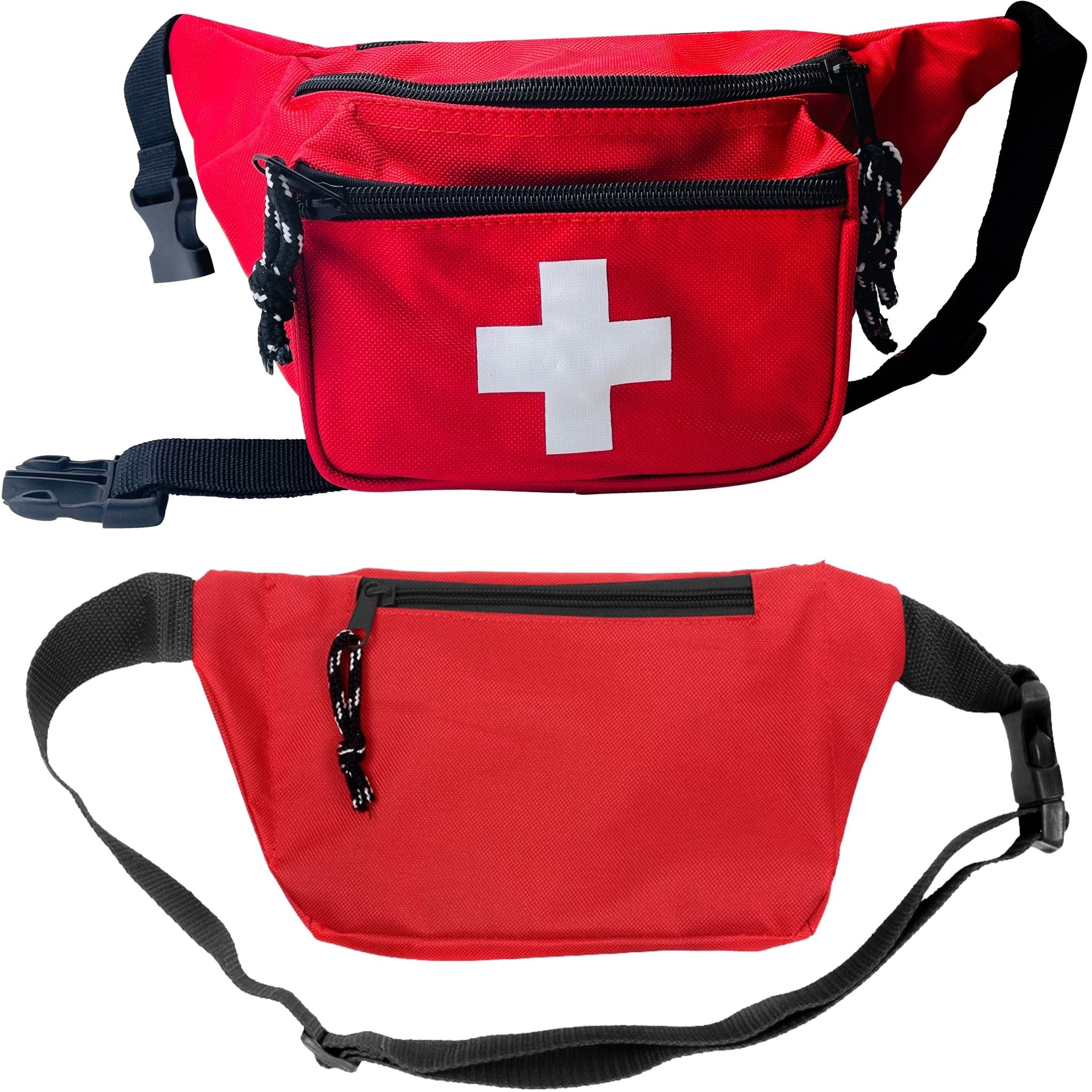 A composite image showing both the front and back of the red lifeguard waist pack, highlighting the "GUARD" logo on the front and a secure zippered pocket on the rear panel.