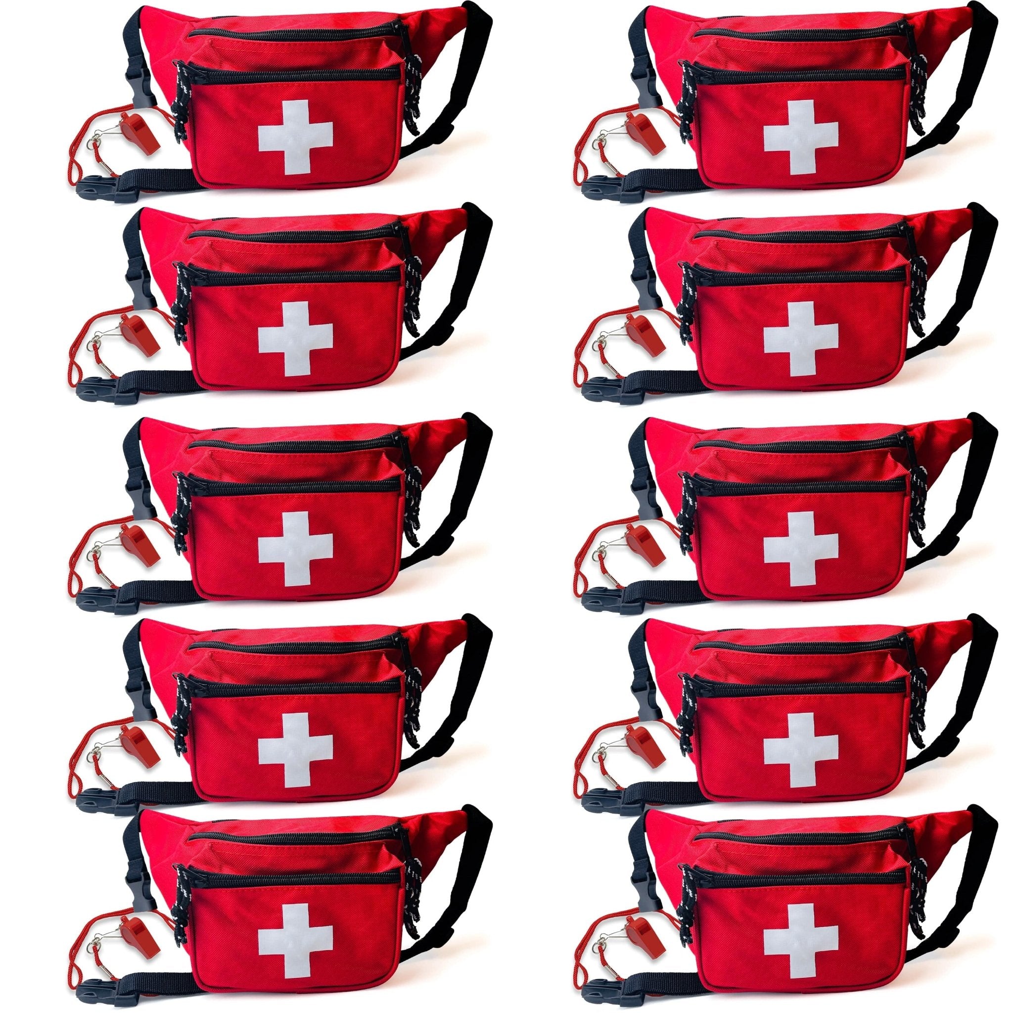 A product display showing a set of ten bright red lifeguard fanny packs, each featuring a white cross medical logo, zippered compartments, and a black adjustable waist strap, paired with ten matching red whistles on lanyards.