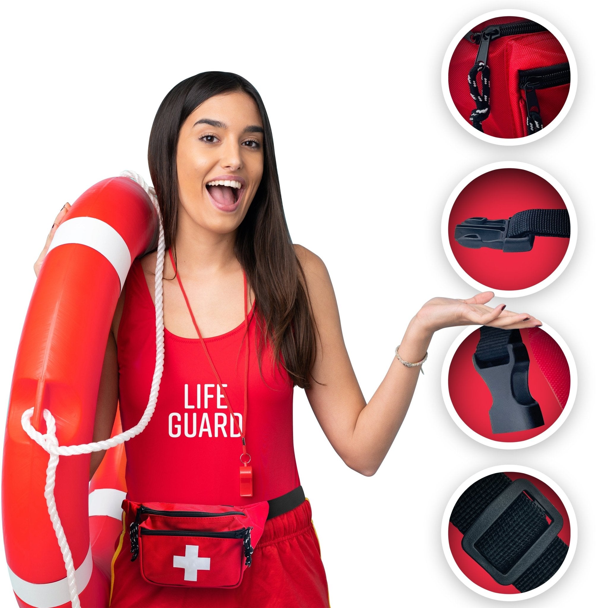 A female lifeguard holding a rescue tube and wearing a red fanny pack, accompanied by three circular close-ups detailing the zipper pulls, the quick-release buckle, and the strap adjuster.