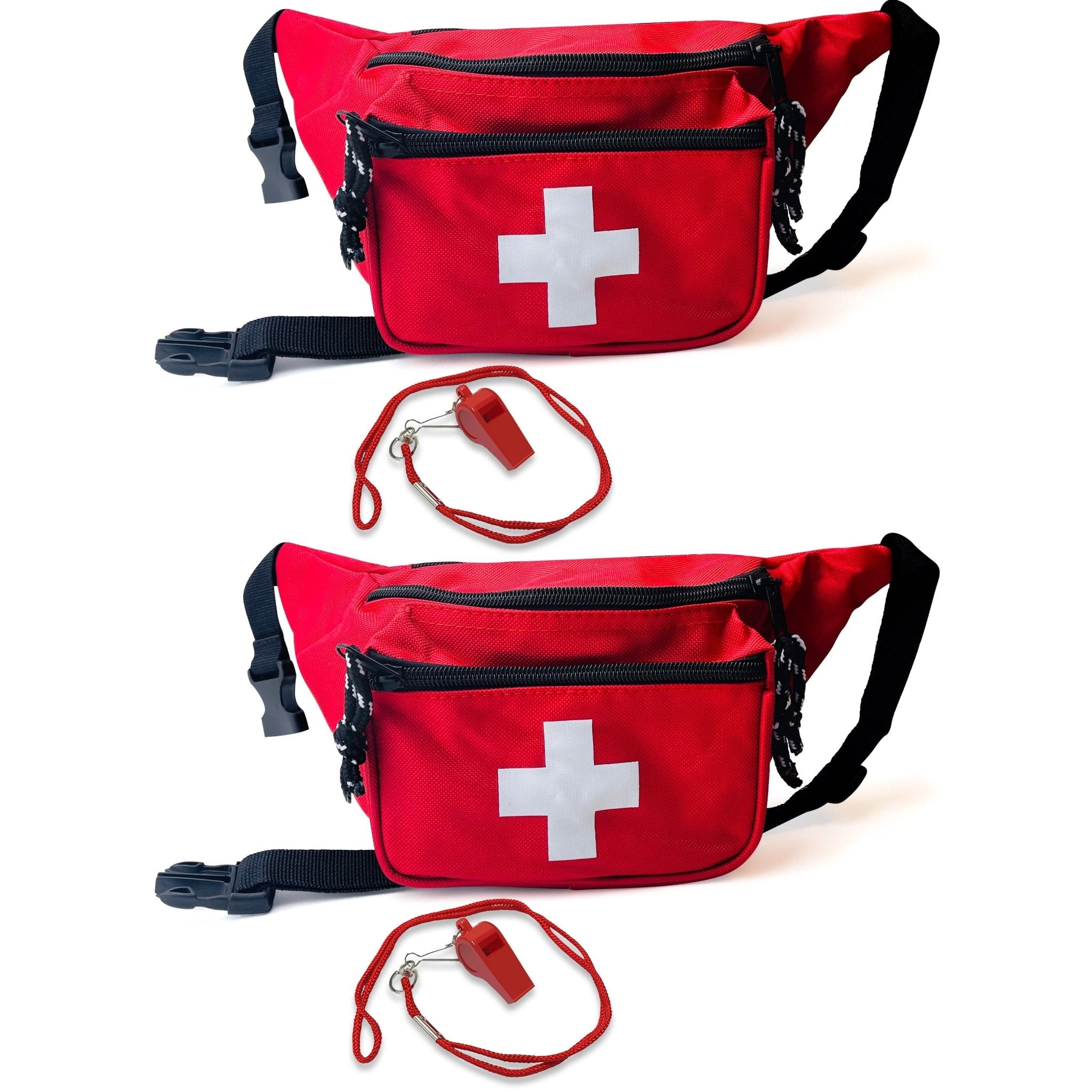 A product display showing a set of two bright red lifeguard fanny packs, each featuring a white cross medical logo, zippered compartments, and a black adjustable waist strap, paired with two matching red whistles on lanyards.