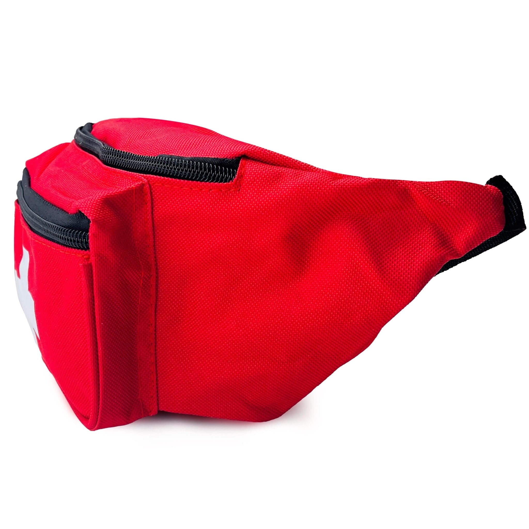 A side profile view of the red waist bag, displaying the depth of the main compartment and front pocket, along with the red durable woven texture of the fabric.
